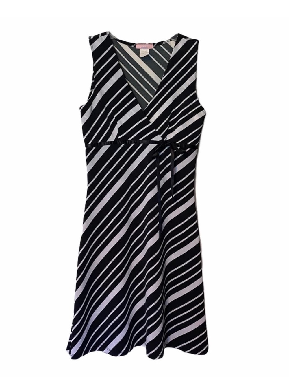 Kona Sleeveless Black & White Diagonal Stripe Empire Waist Dress